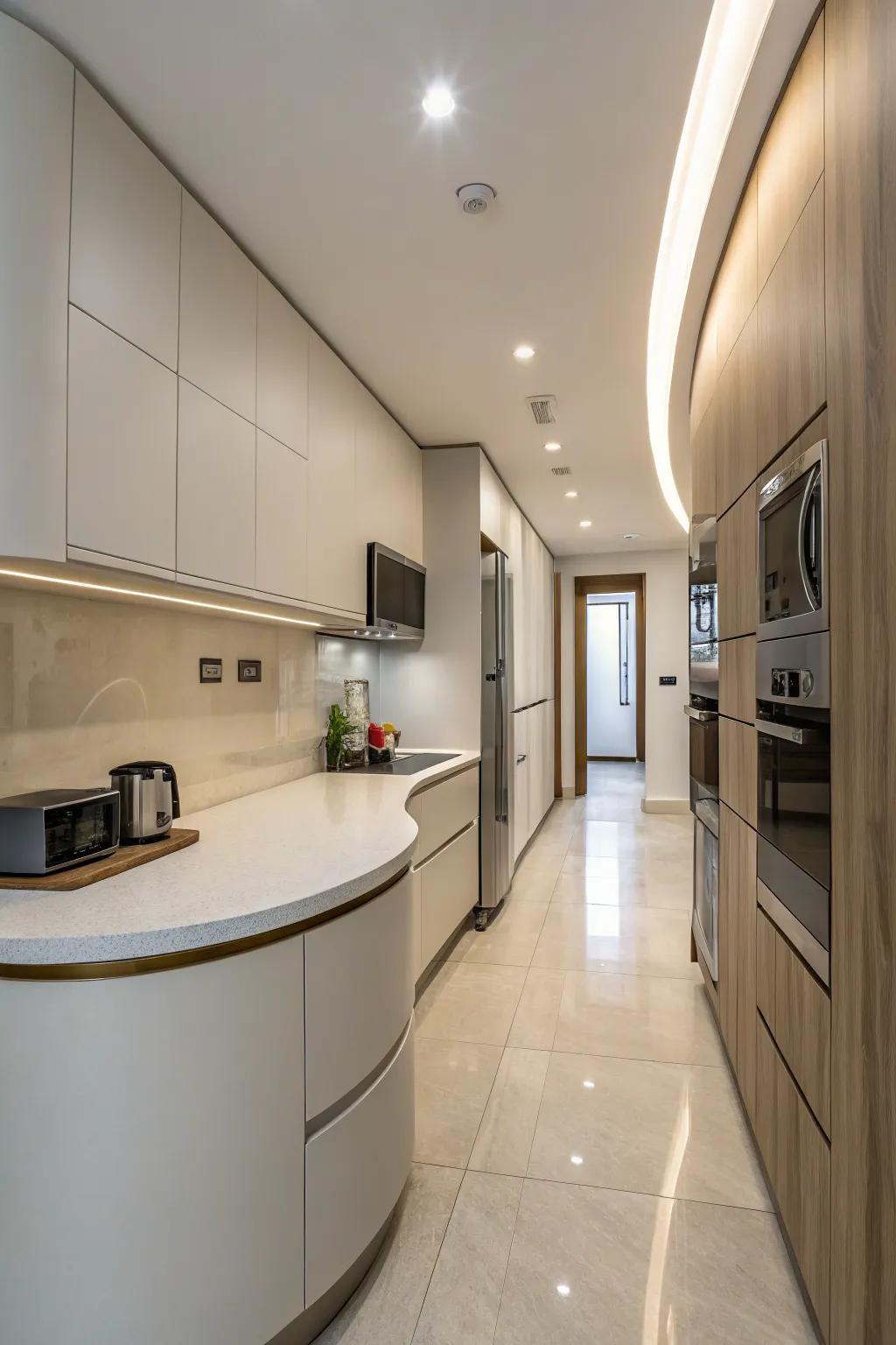 Curved lines can soften and enhance the flow of a small kitchen.