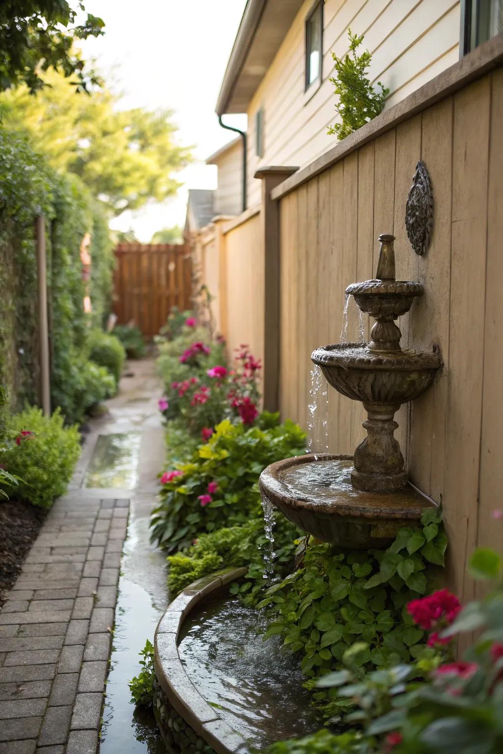 A wall fountain creates a calming focal point in narrow spaces.