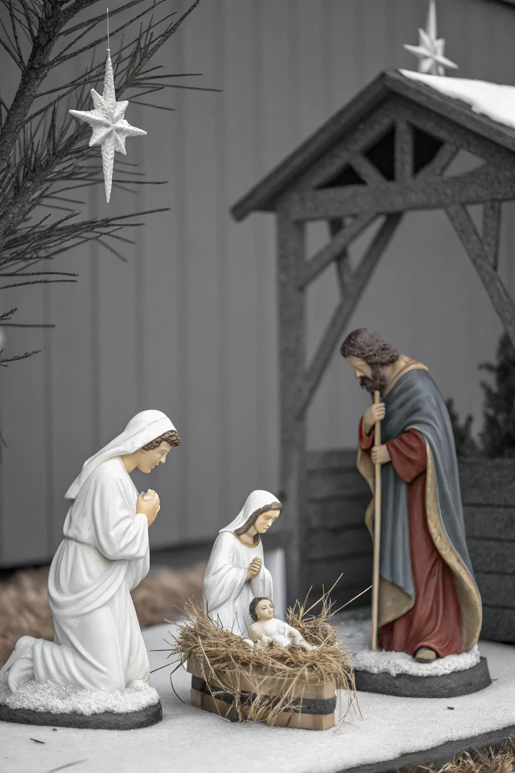A minimalist backdrop emphasizes the elegance of the nativity.