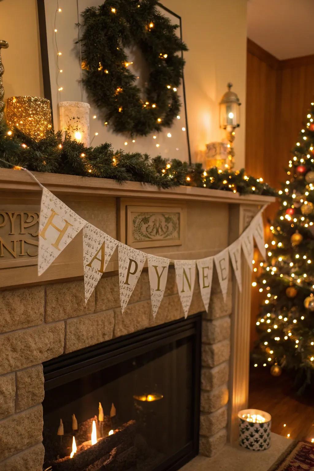 A shimmering fireplace adornment brings warmth and sparkle to the festivities.