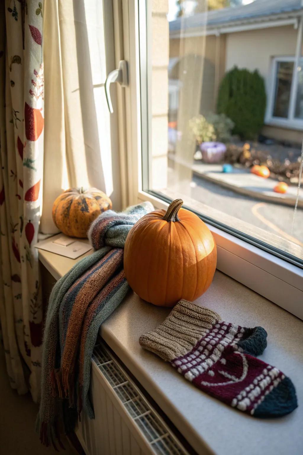 This pumpkin feels cozy because to snug elements like scarves and hand coverings.