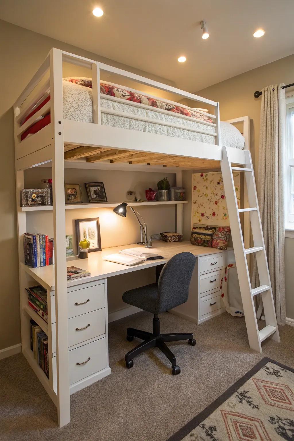 With a space-saving loft bed, combine sleep and work areas.