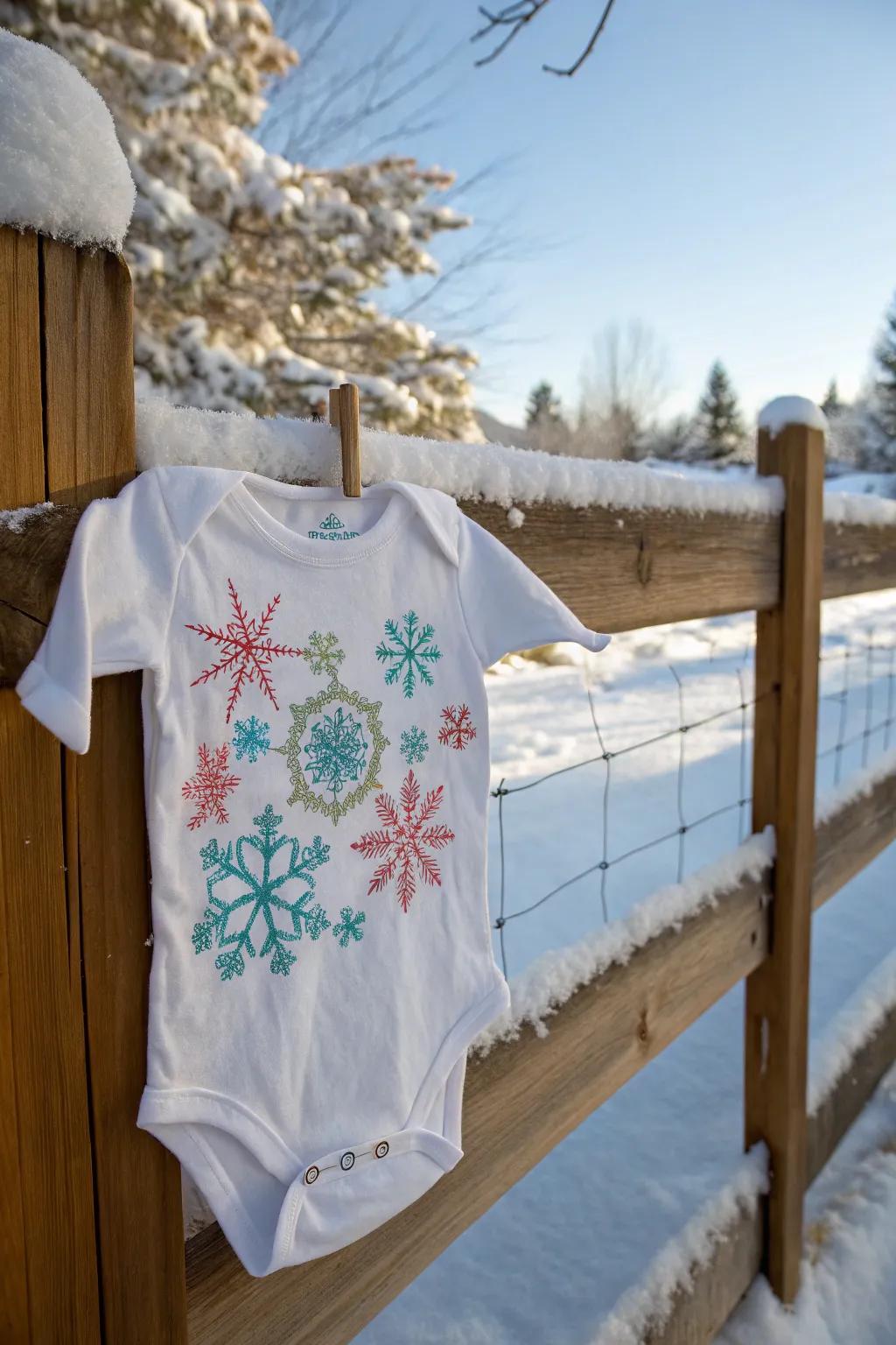 A winter-themed onesie showcasing exquisite snowflake patterns.