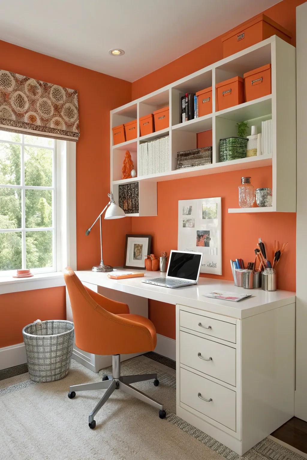 Tangerine and ivory decor creates an inspiring and energizing home office.