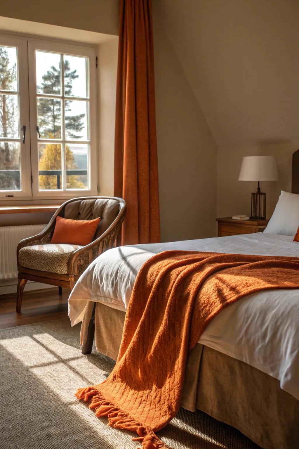 Cozy orange throws add warmth and color to the space.