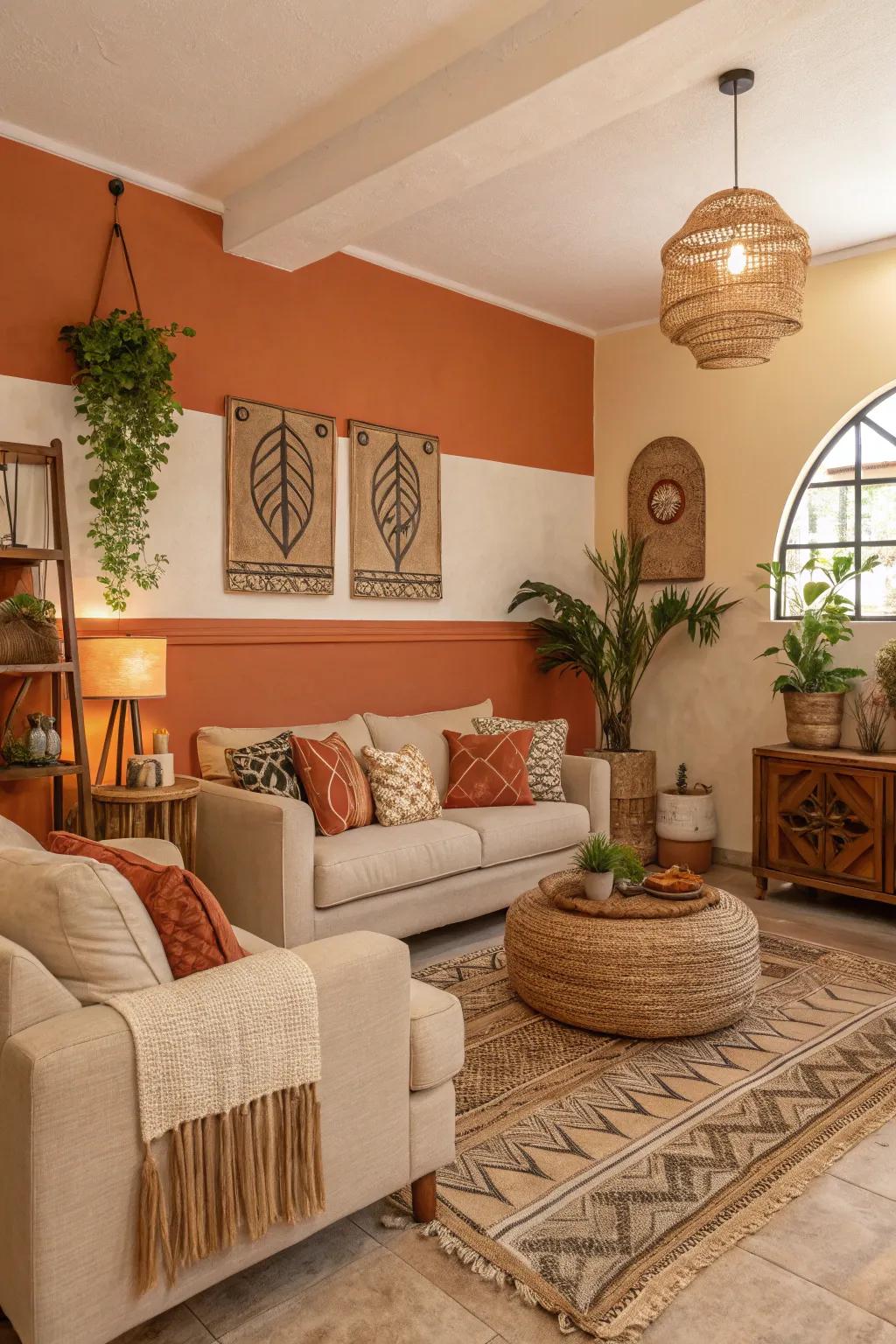 A living room that feels grounded and welcoming with its orange and beige palette.