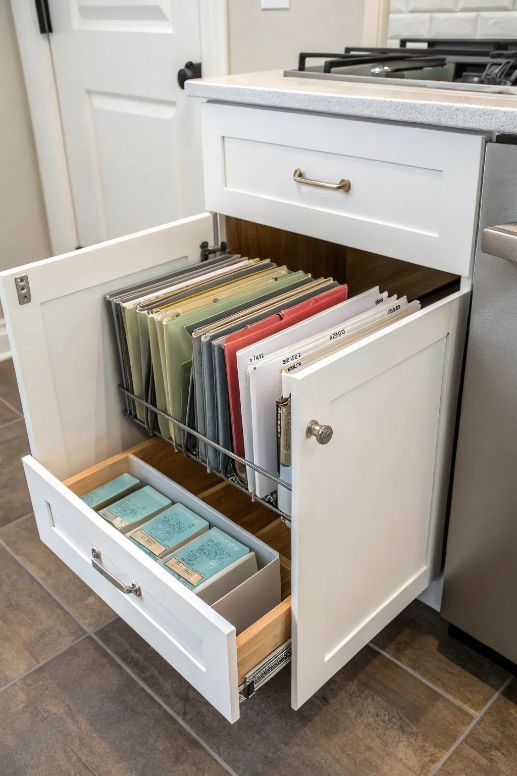Upright file holders provide organized storage for flat items.