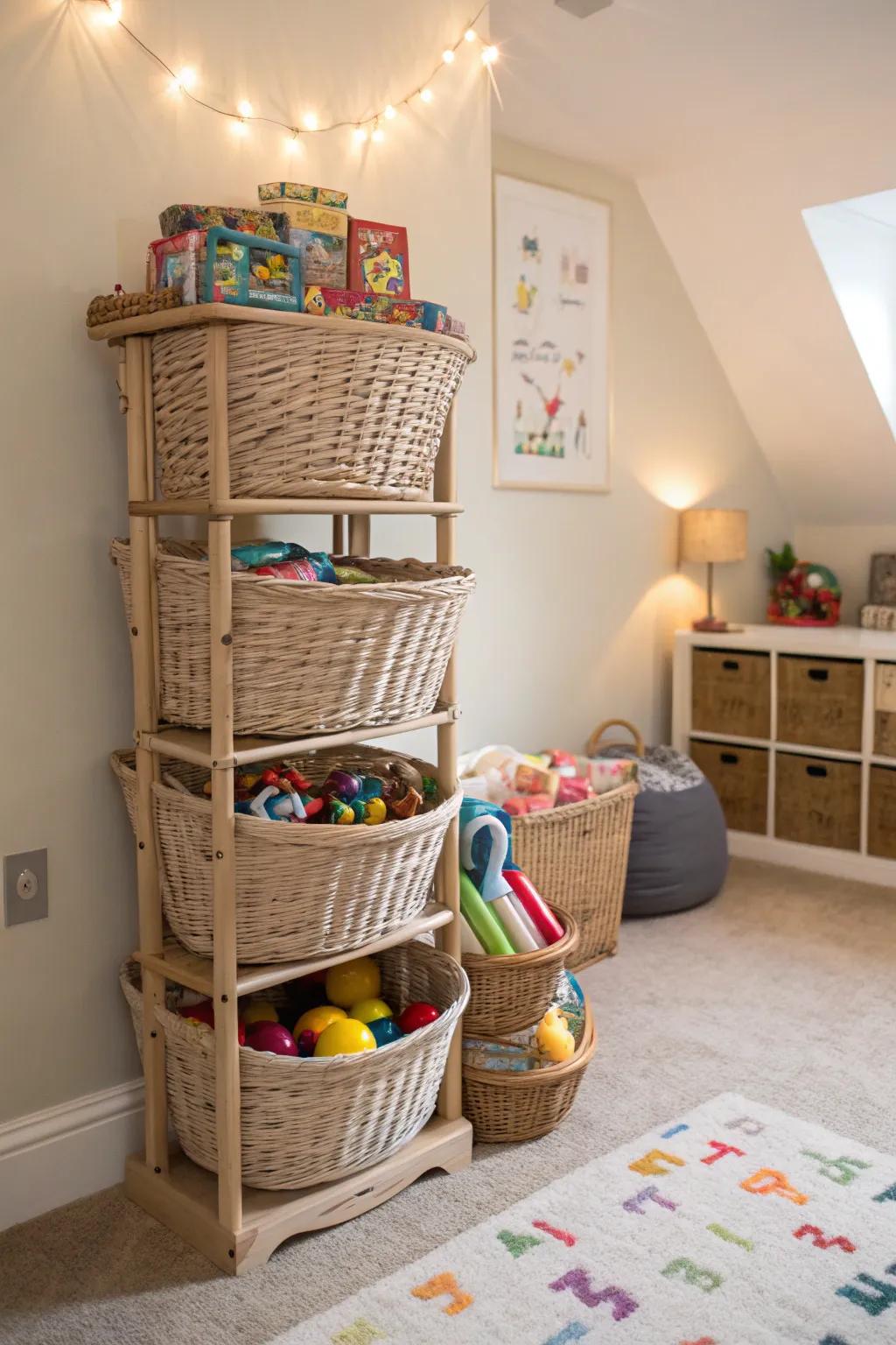 Basket towers offer fashionable storage options.