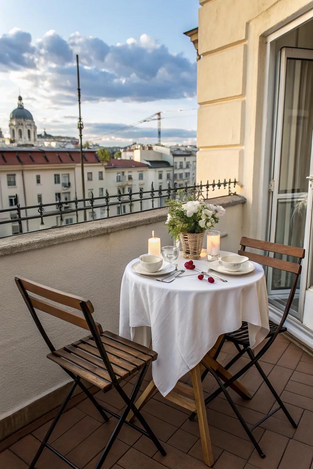 A snug bistro arrangement on a petite balcony.