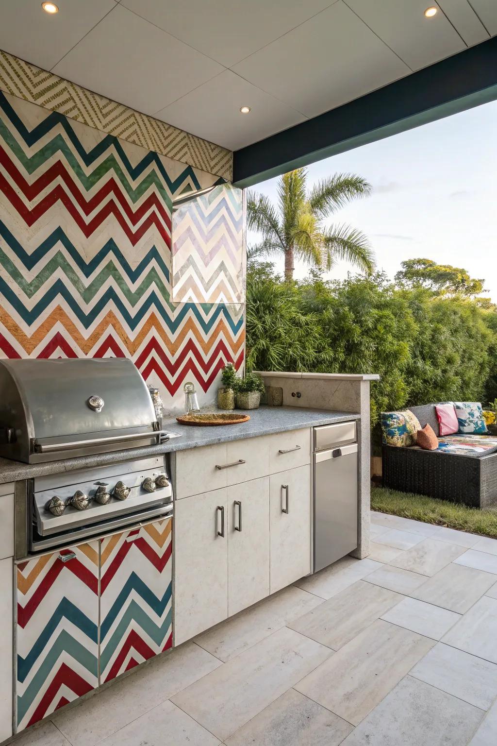 Chevron patterns add vibrant visual appeal to outdoor kitchen areas.