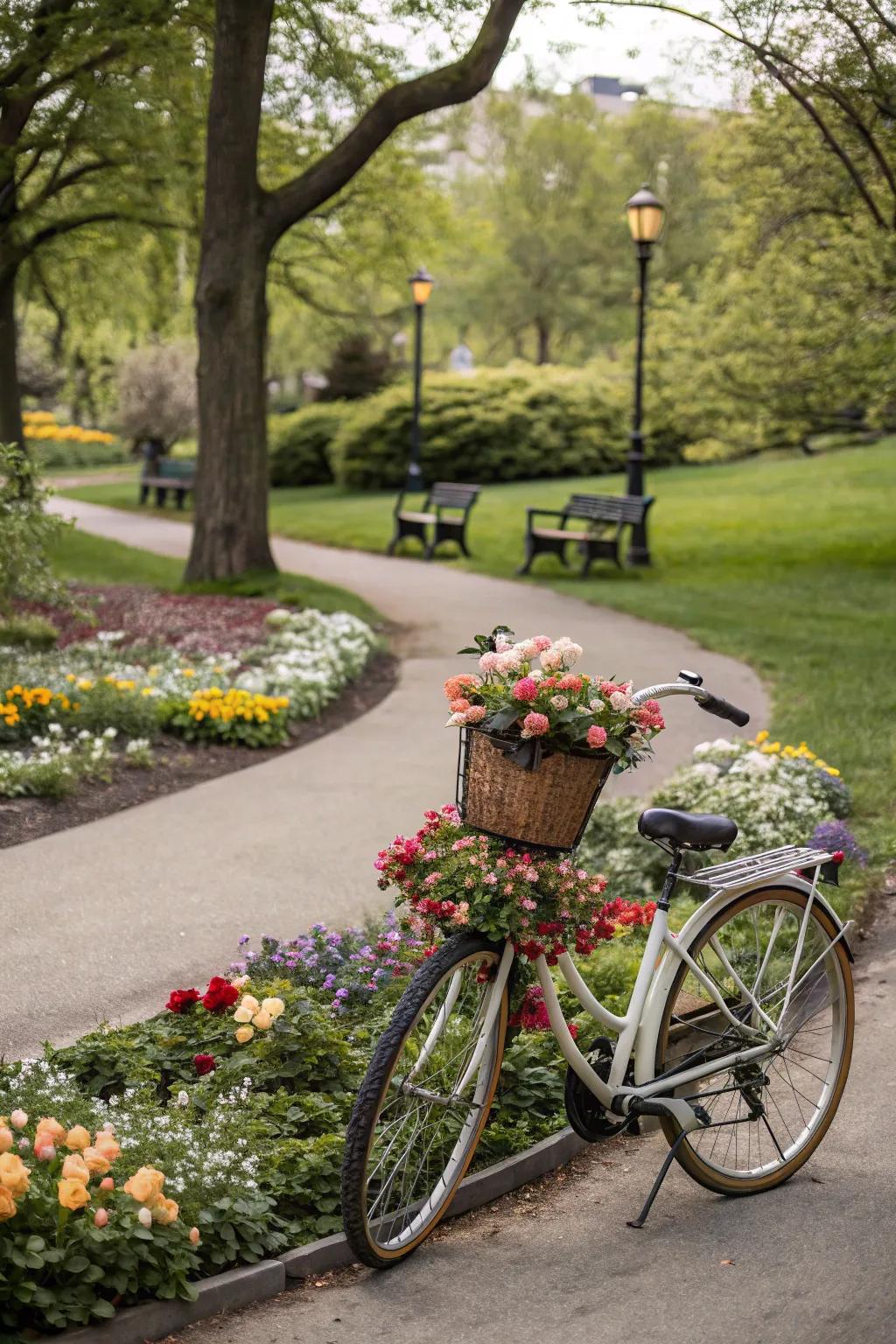 A vintage bicycle adds a whimsical touch to park decor.