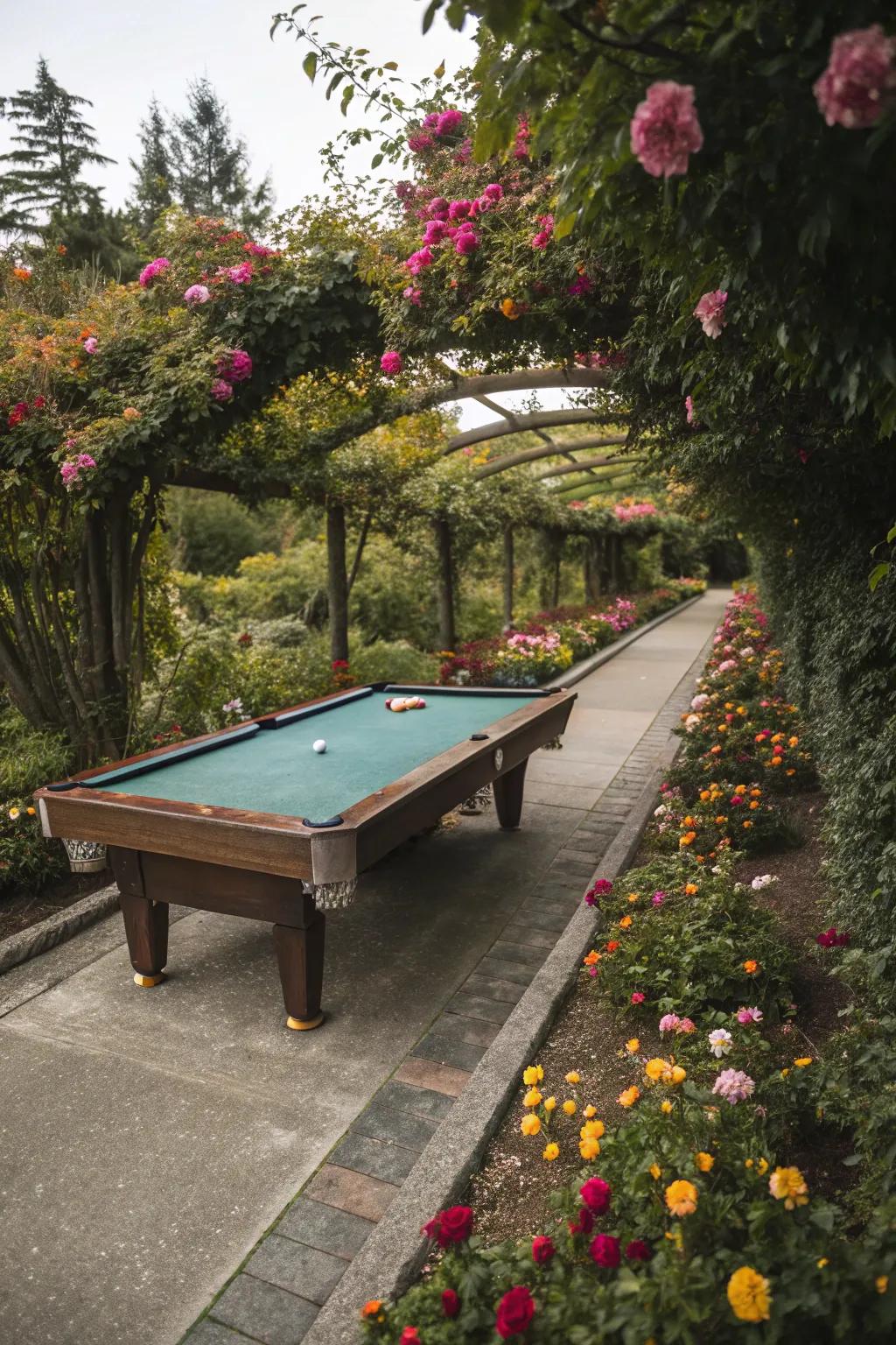 A pool table along a scenic garden path.