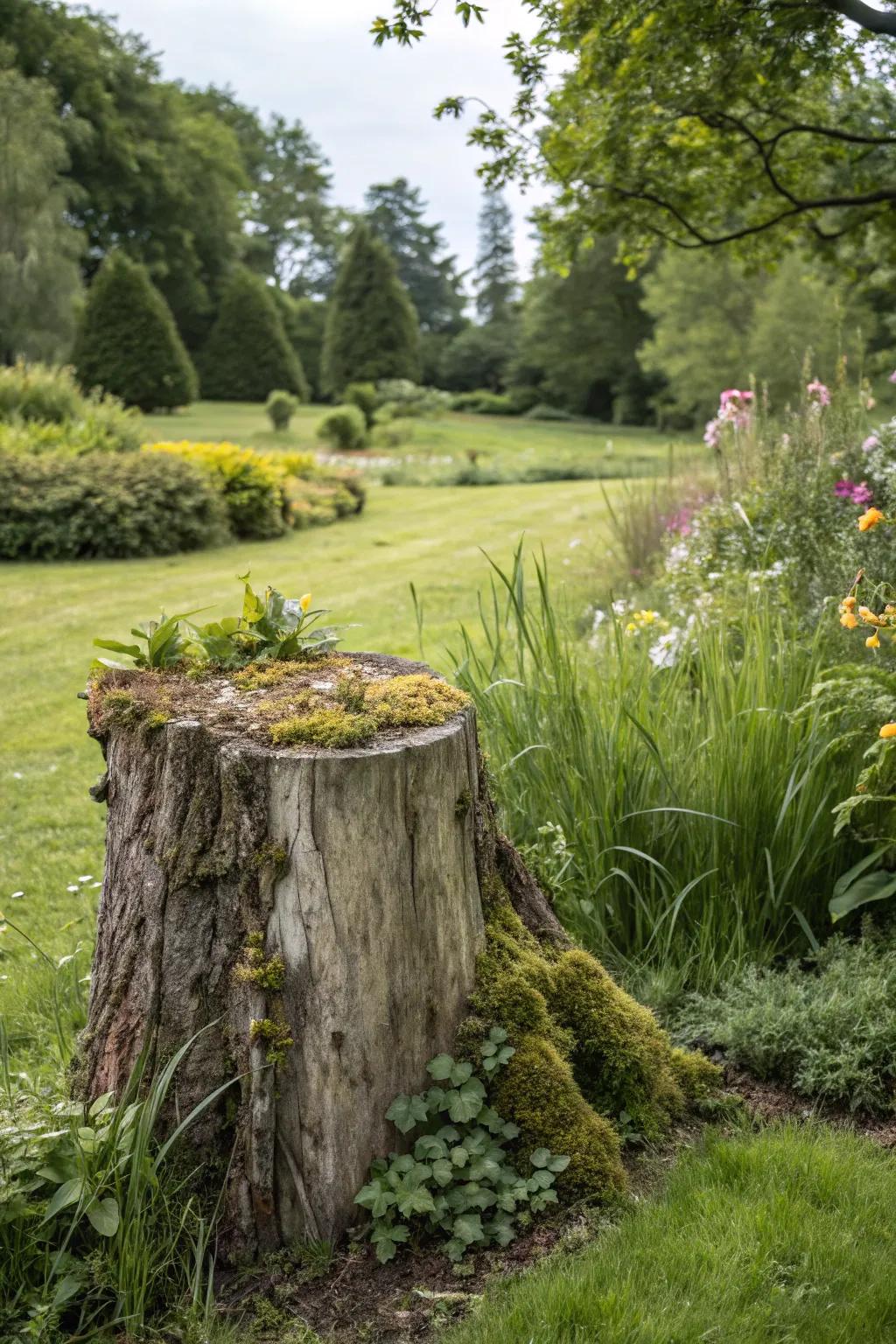 A natural stump sculpture highlights the beauty of simplicity in any garden.