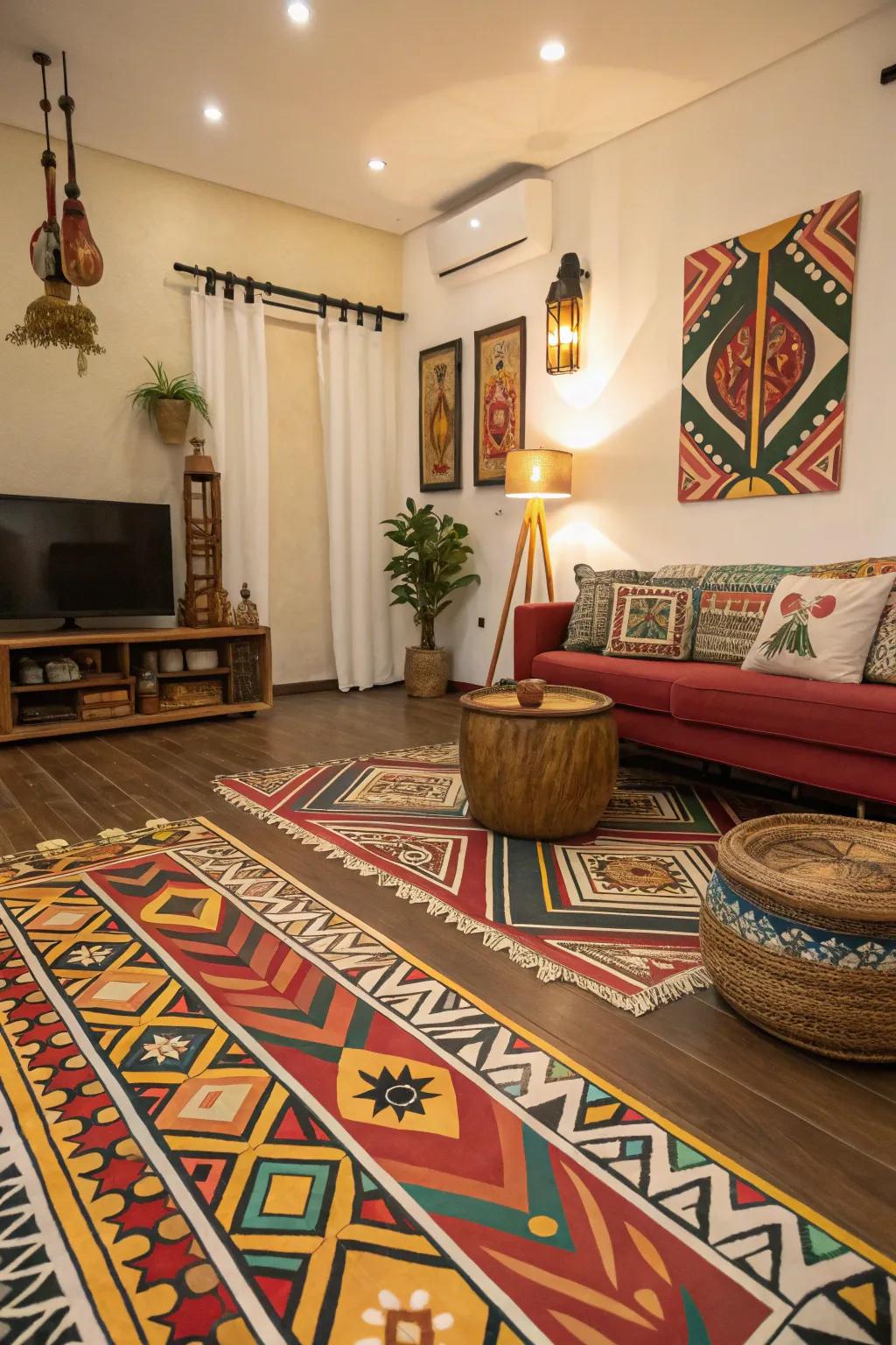 A living room with vibrant tribal print painted floorings, creating a lively cultural hub.
