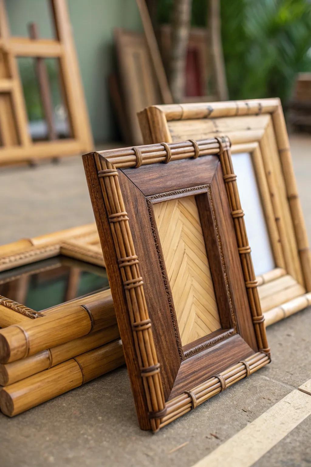 Frames crafted from natural wood and bamboo adding earthy warmth.