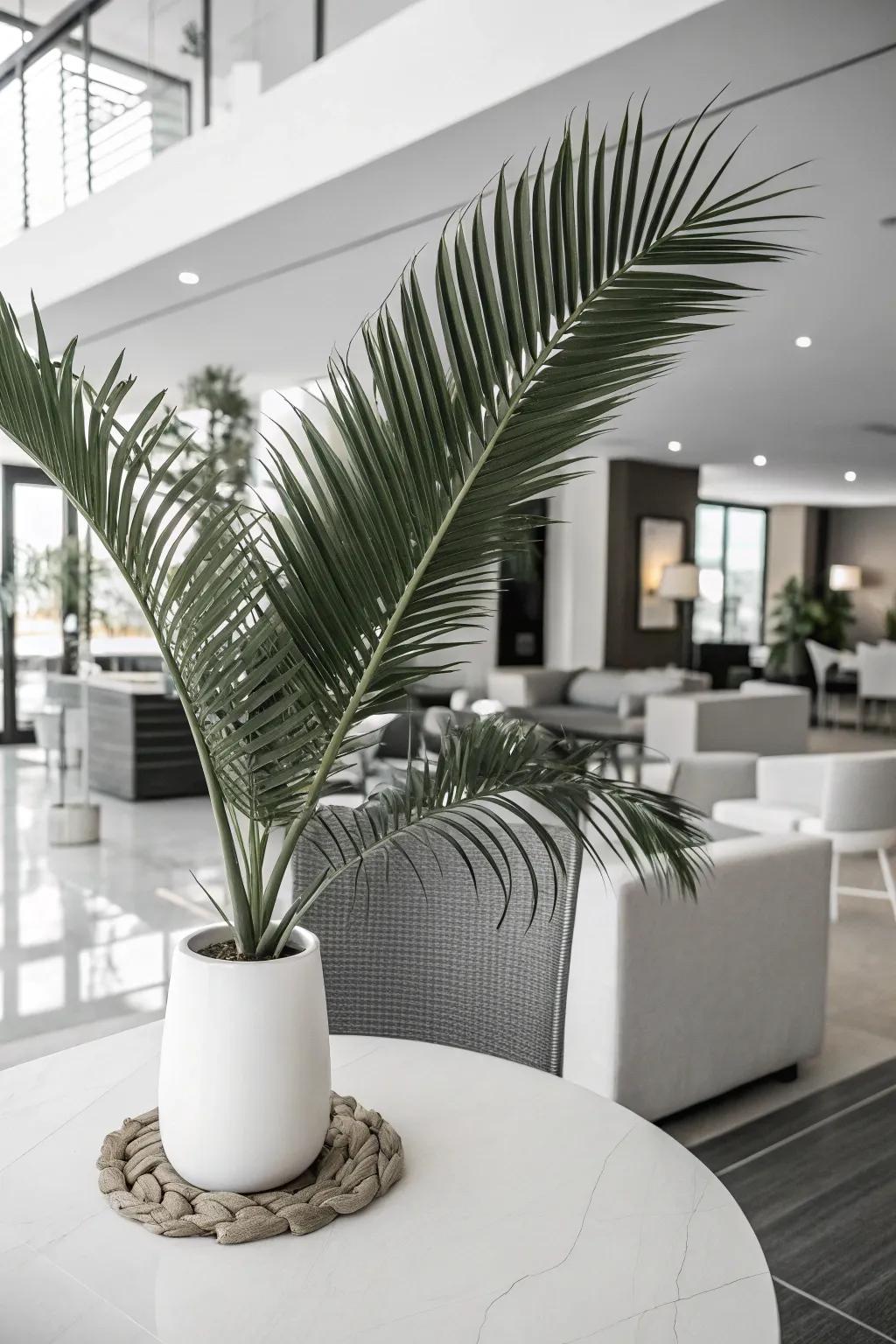 A monochrome palette with palm leaves offers a sophisticated look.