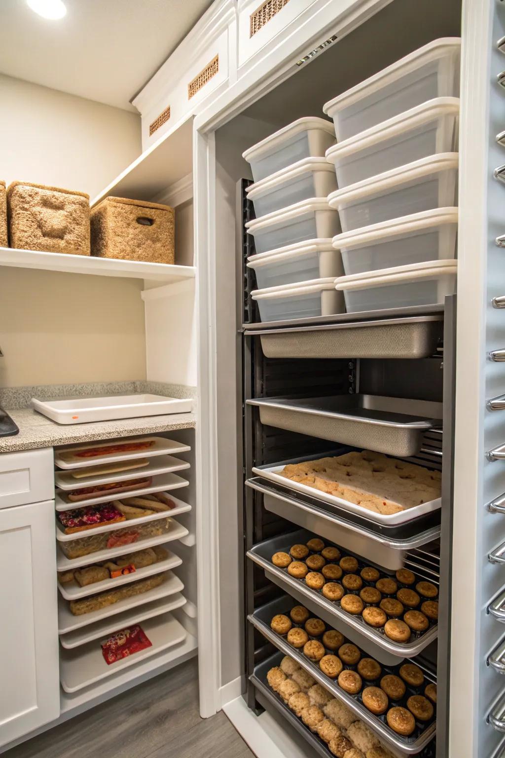 Vertical dividers in a pantry efficiently organize baking sheets and trays.