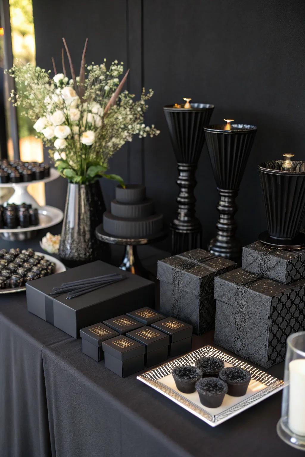 Elegant simplicity through a monochromatic all-black layout.