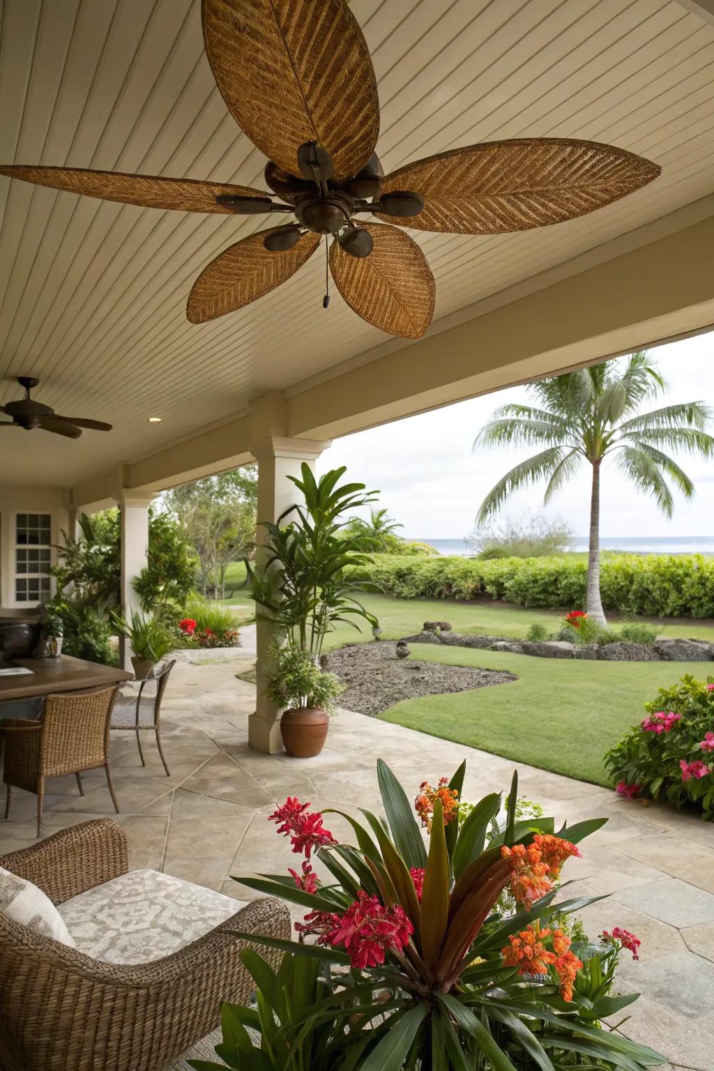 A tropical-themed deck with a ceiling fan featuring palm leaf blades.
