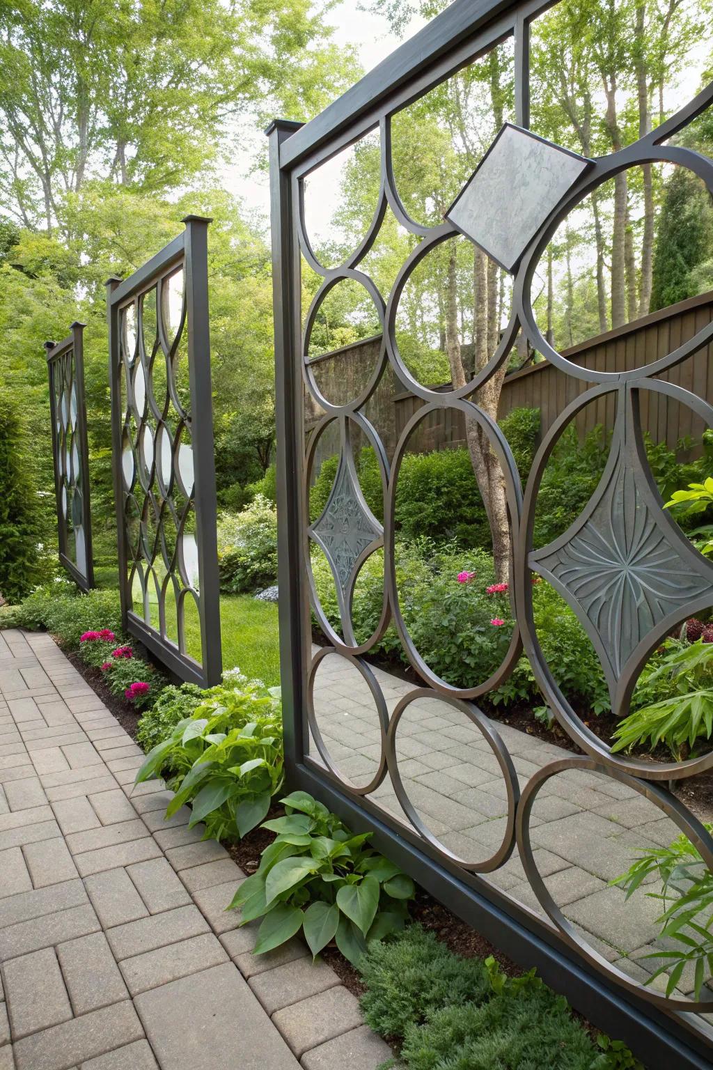 Mirrors on a patio fence creating the illusion of space.