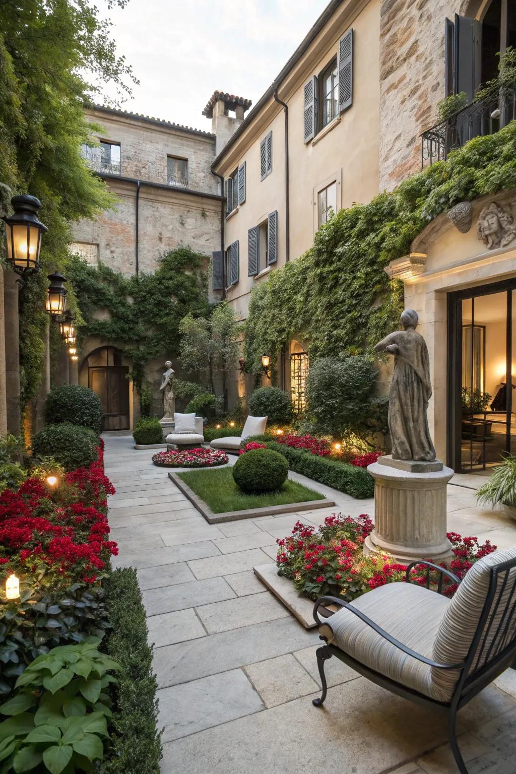 The garden's eclectic feel is created by blending antique and modern elements.