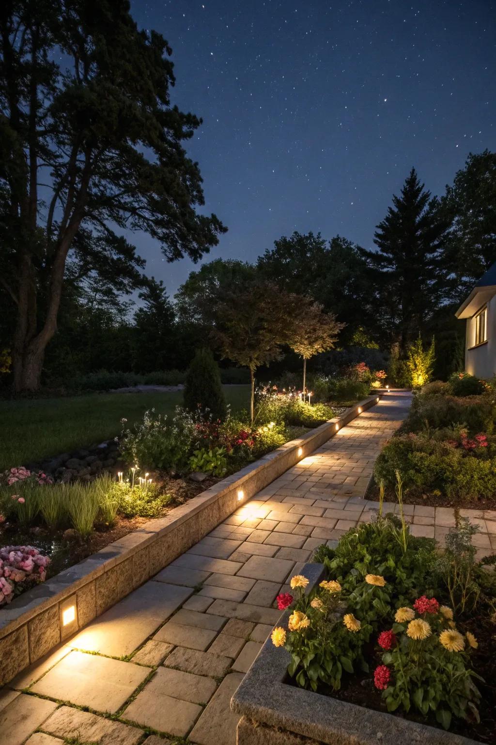 Illumination adds a magical touch to paver flower beds at night.