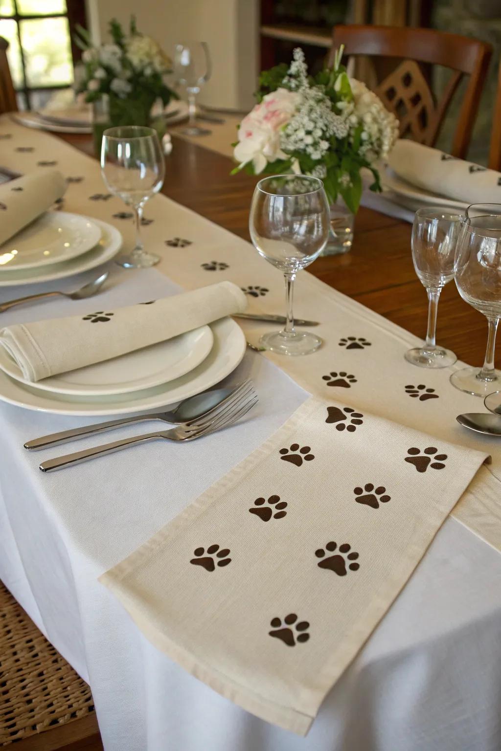 A stylish table setup with a paw print table runner.