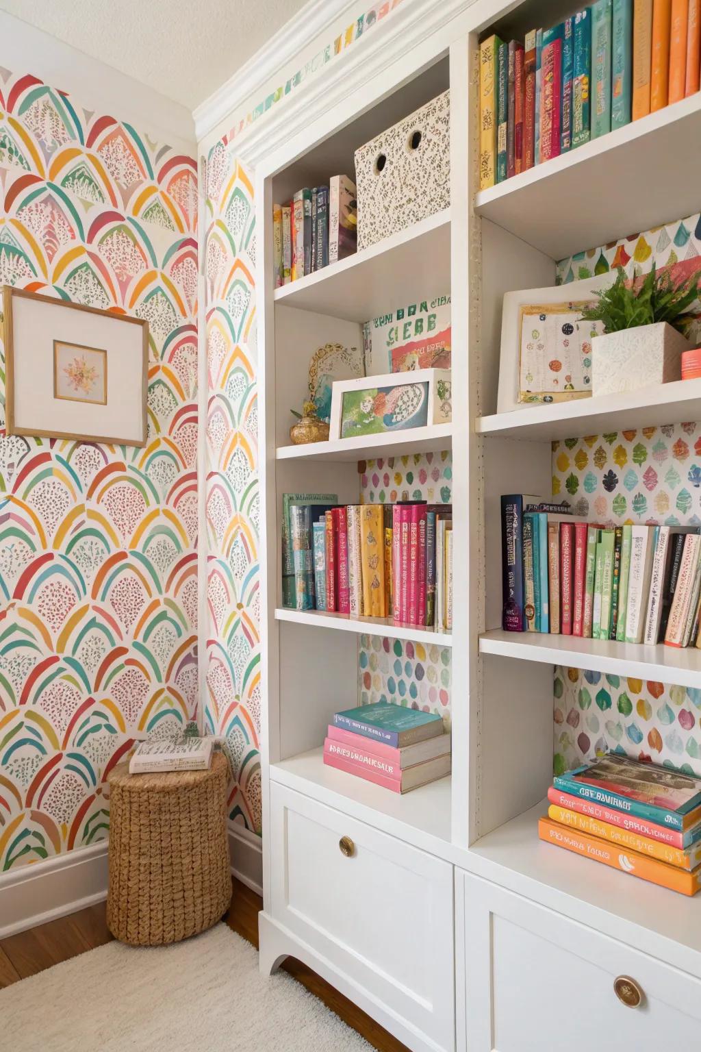 Transform your bookshelves into an artful display with creative wallpaper.