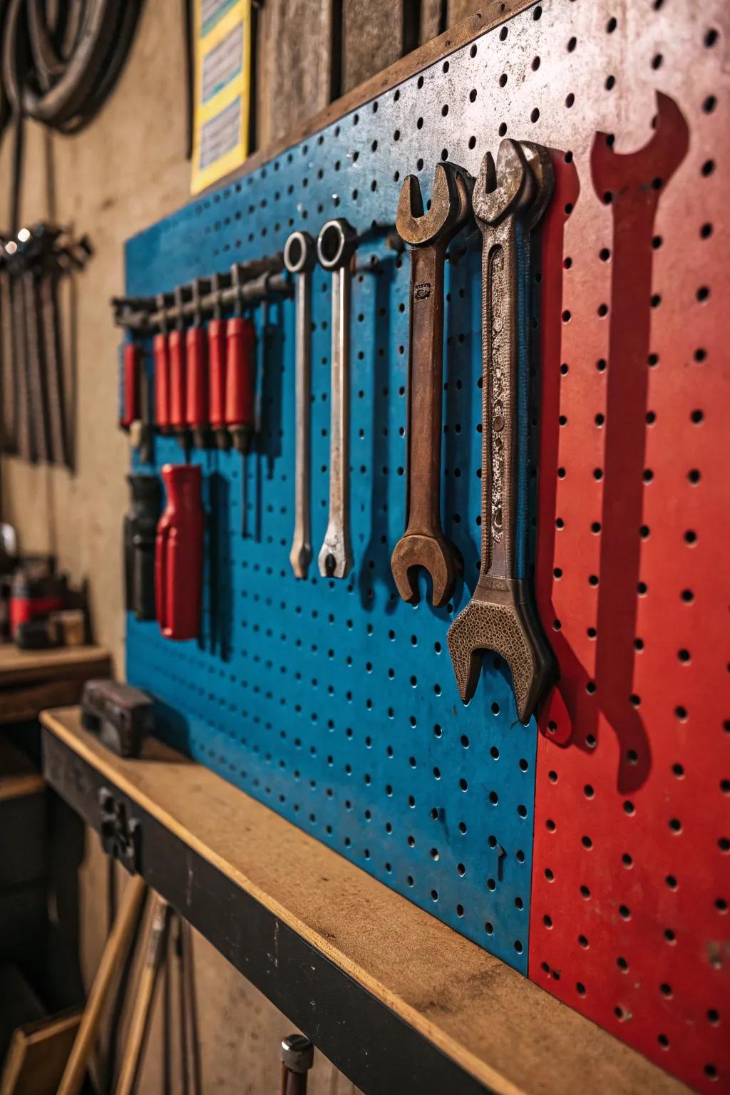 Arrange your garage with a vintage touch using stylish tool markers on a vibrant display board.