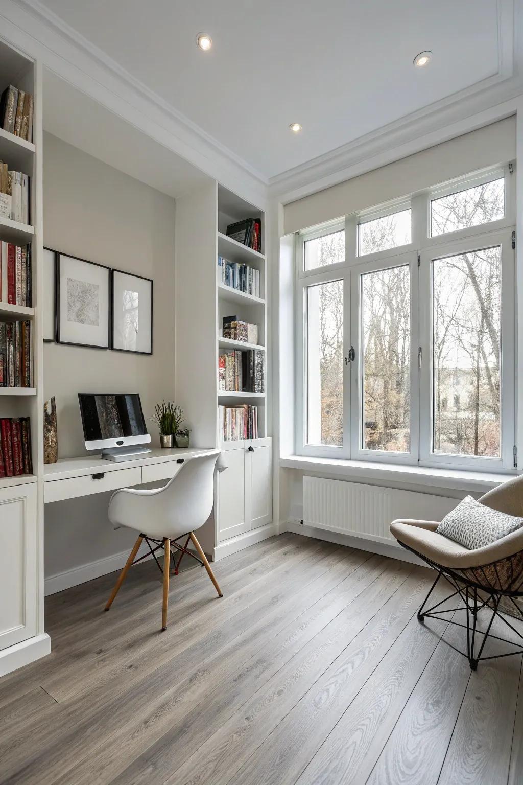 Minimal vinyl floors keep studies focused and clutter-free.