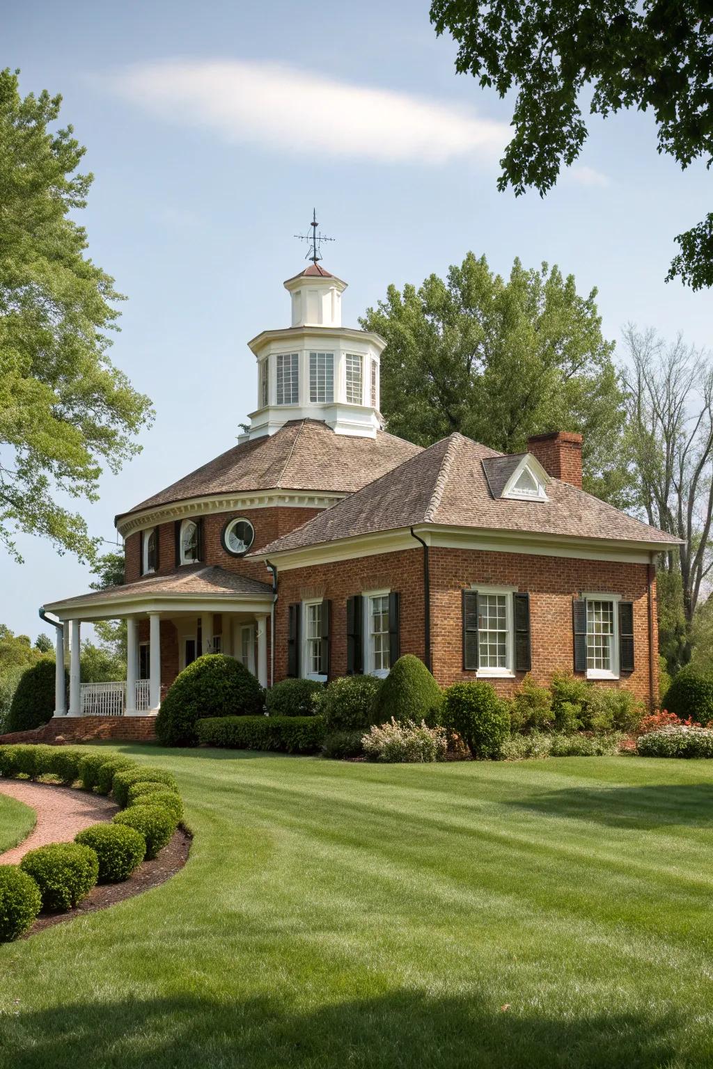 A classic brick home with an elegant cupola.