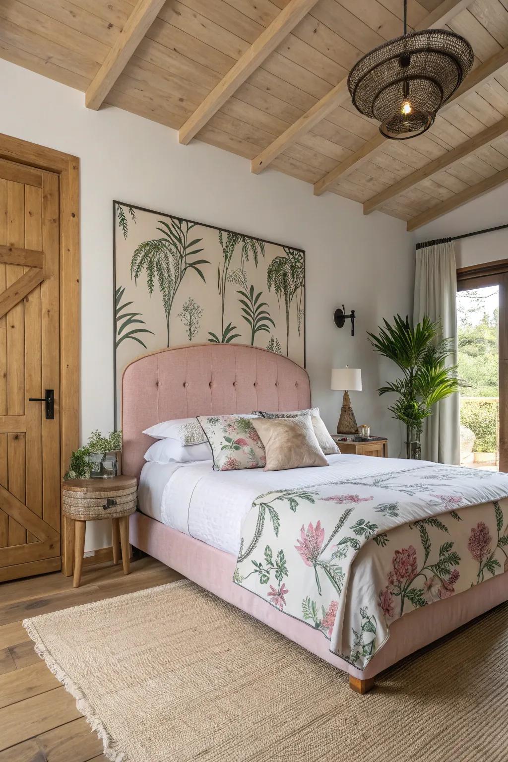 A refreshing and serene bedroom with a pink botanical print headboard.