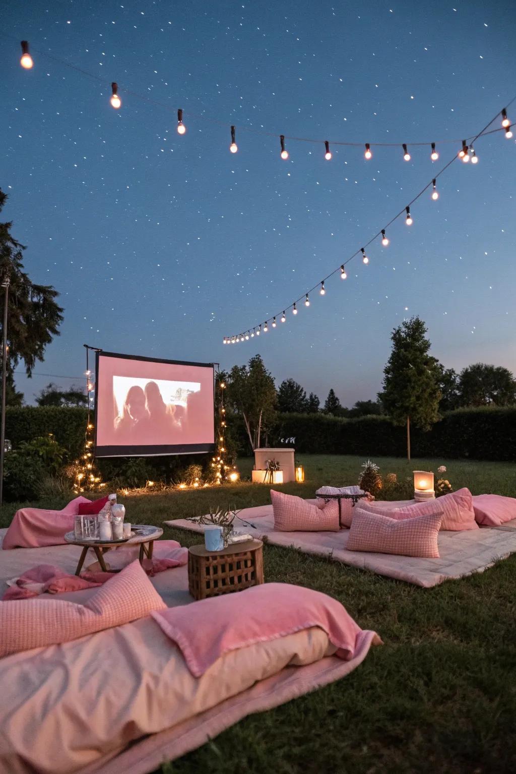 An outside movie evening using pink accents allows for a cozy and stylish event.