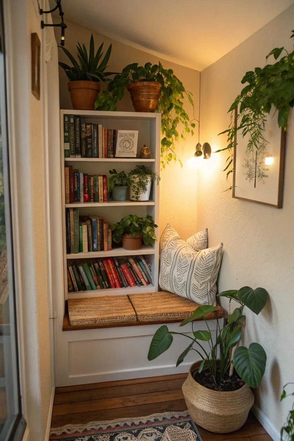 A reading nook complemented by greenery.
