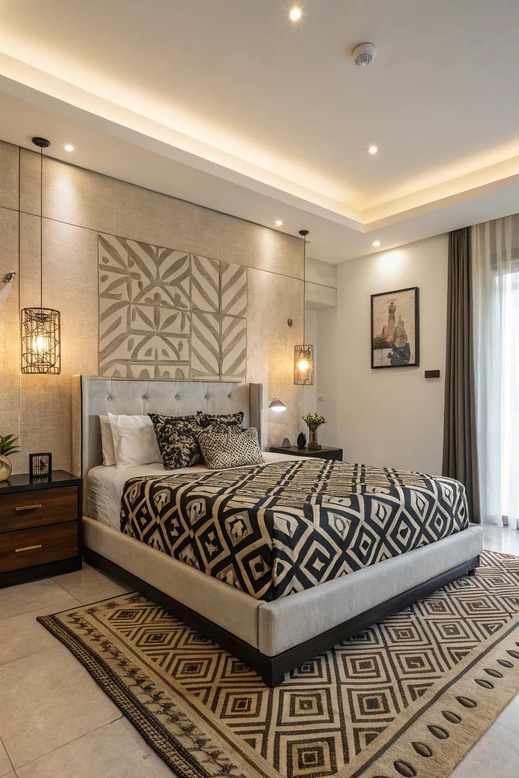 Geometric patterns lend an artistic touch to platform beds.