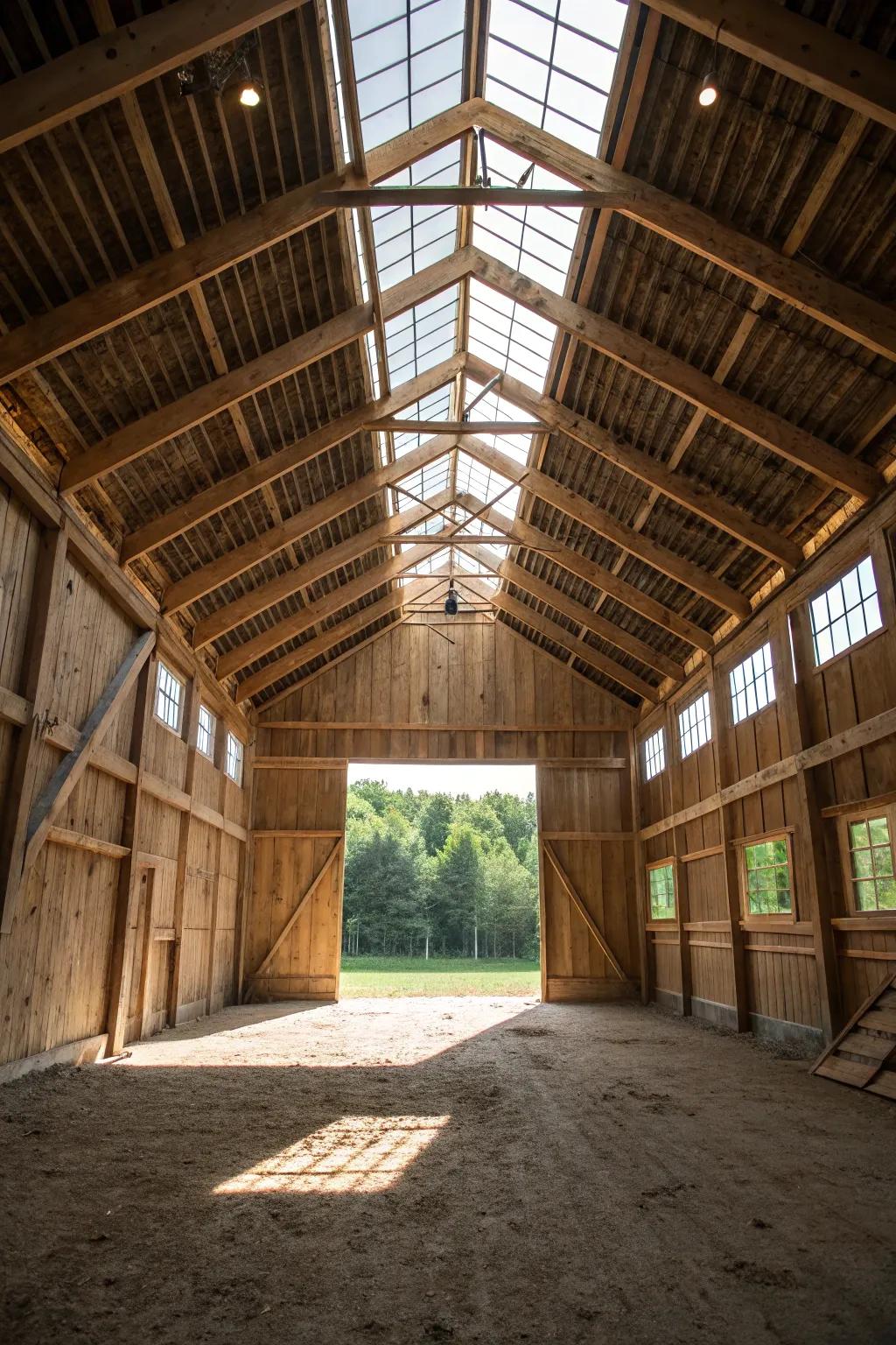 A roof window inside a pole barn delivering copious natural illumination.