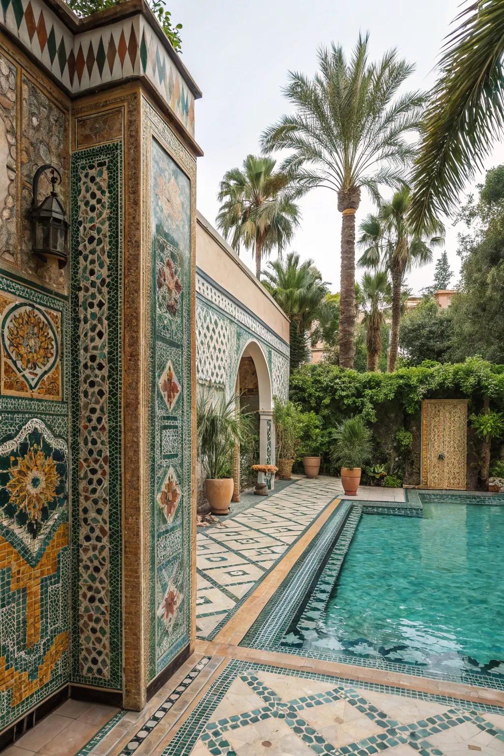 Transform your pool area with stunning inlaid tile art.