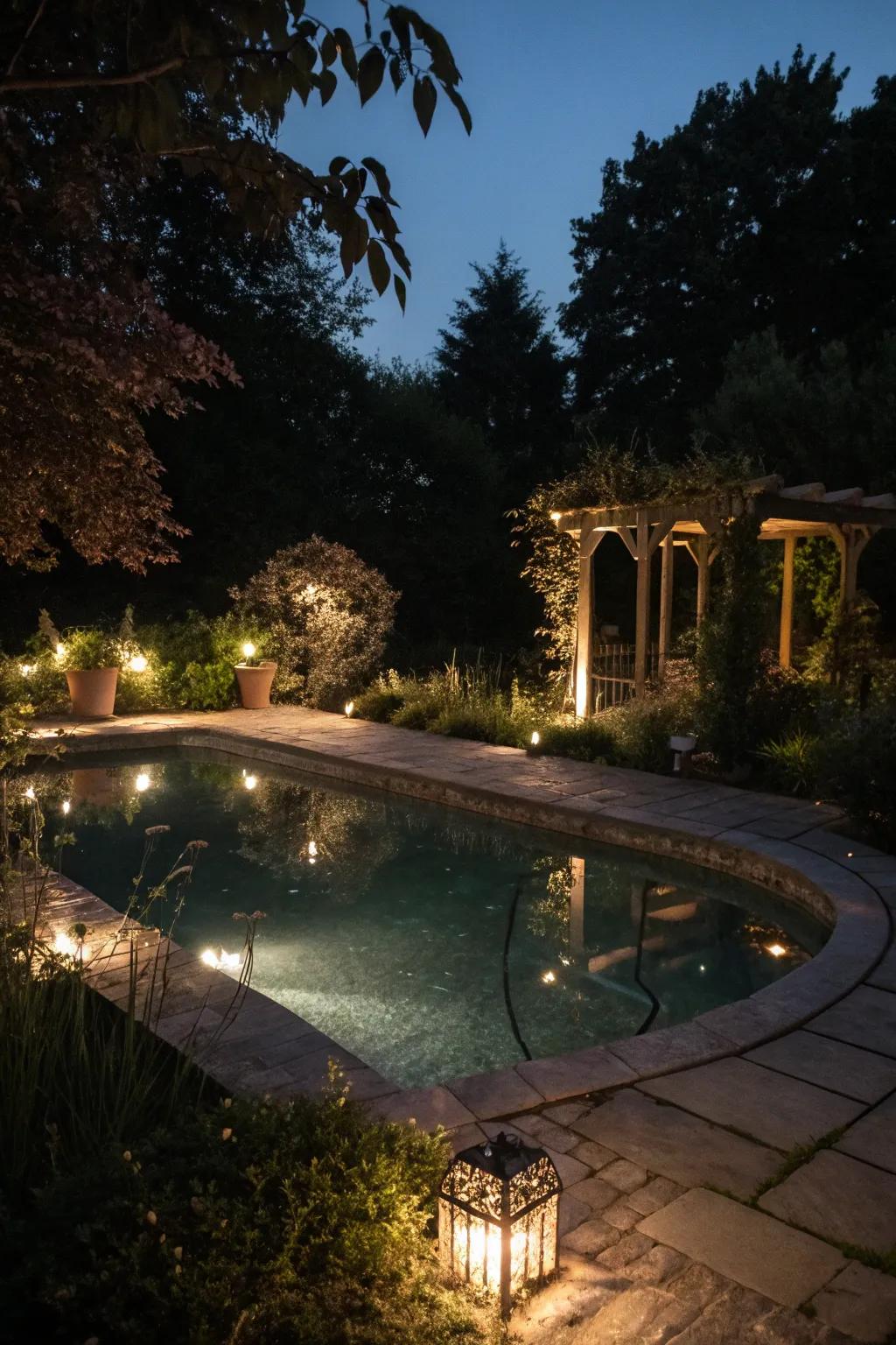 A pool pond featuring enchanting evening lighting.