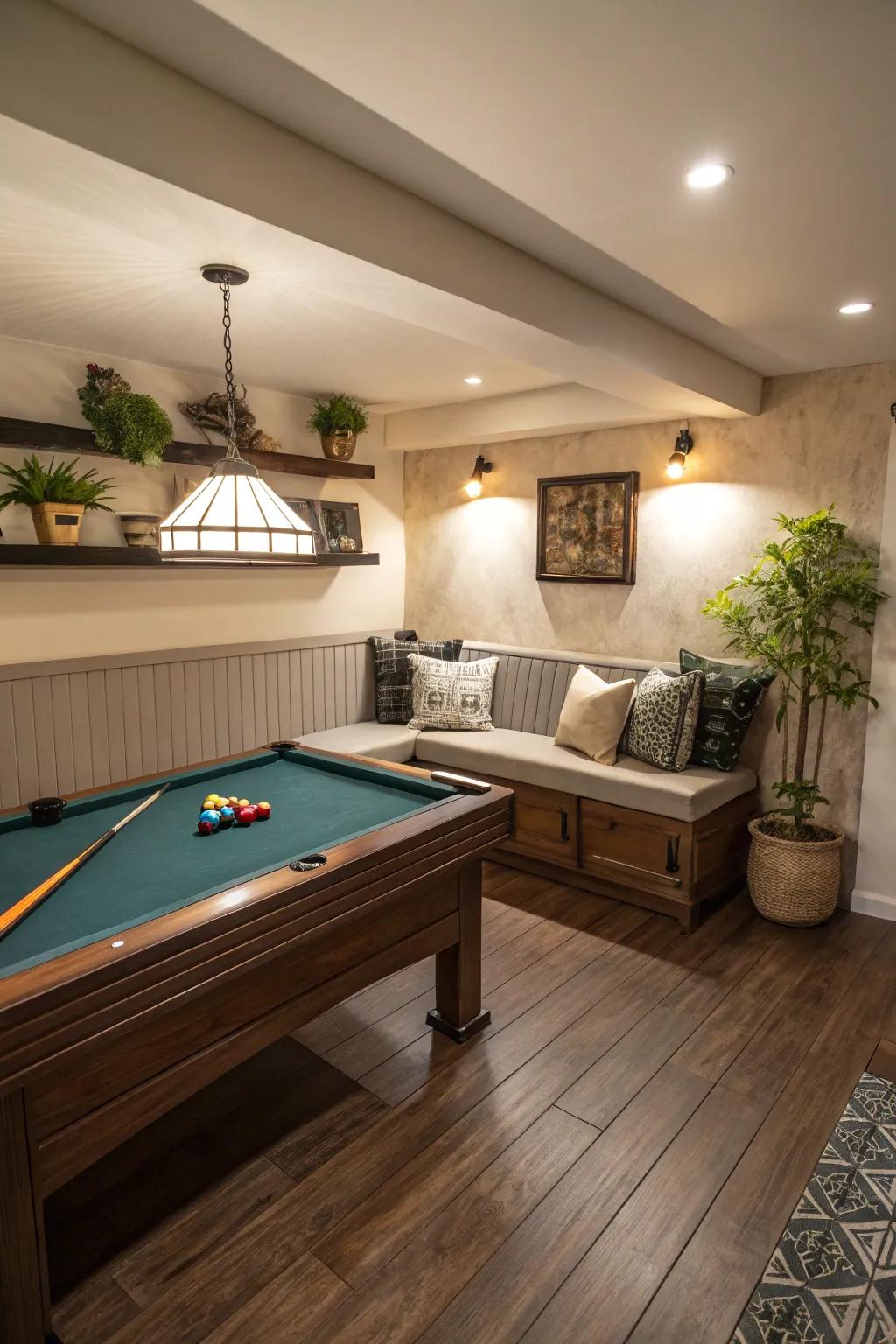 Integrated seating maximizes space and comfort within a smaller billiard table setting.