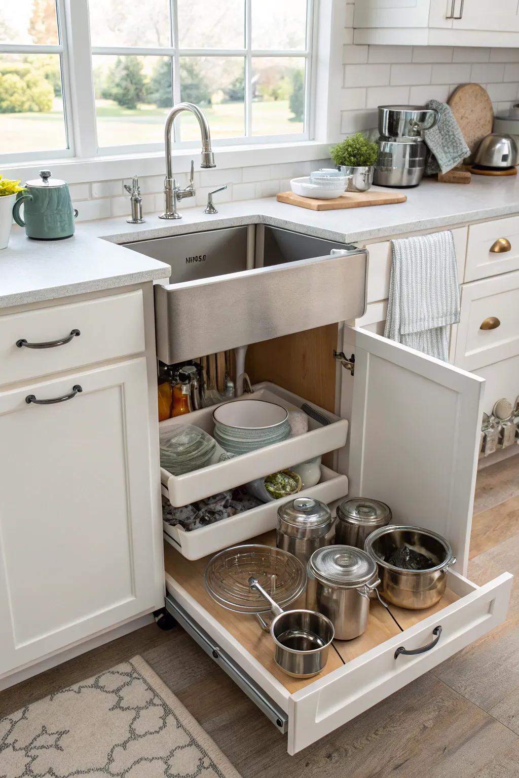Storage under the sink makes the most of the space for smaller pots.