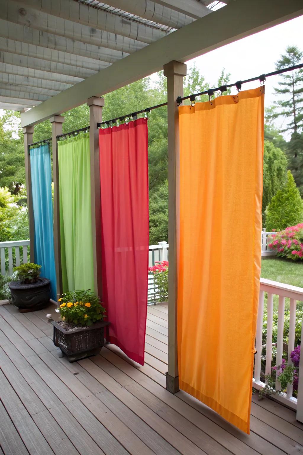 Vibrant textile screens deliver swift and seasonal solitude on a deck.