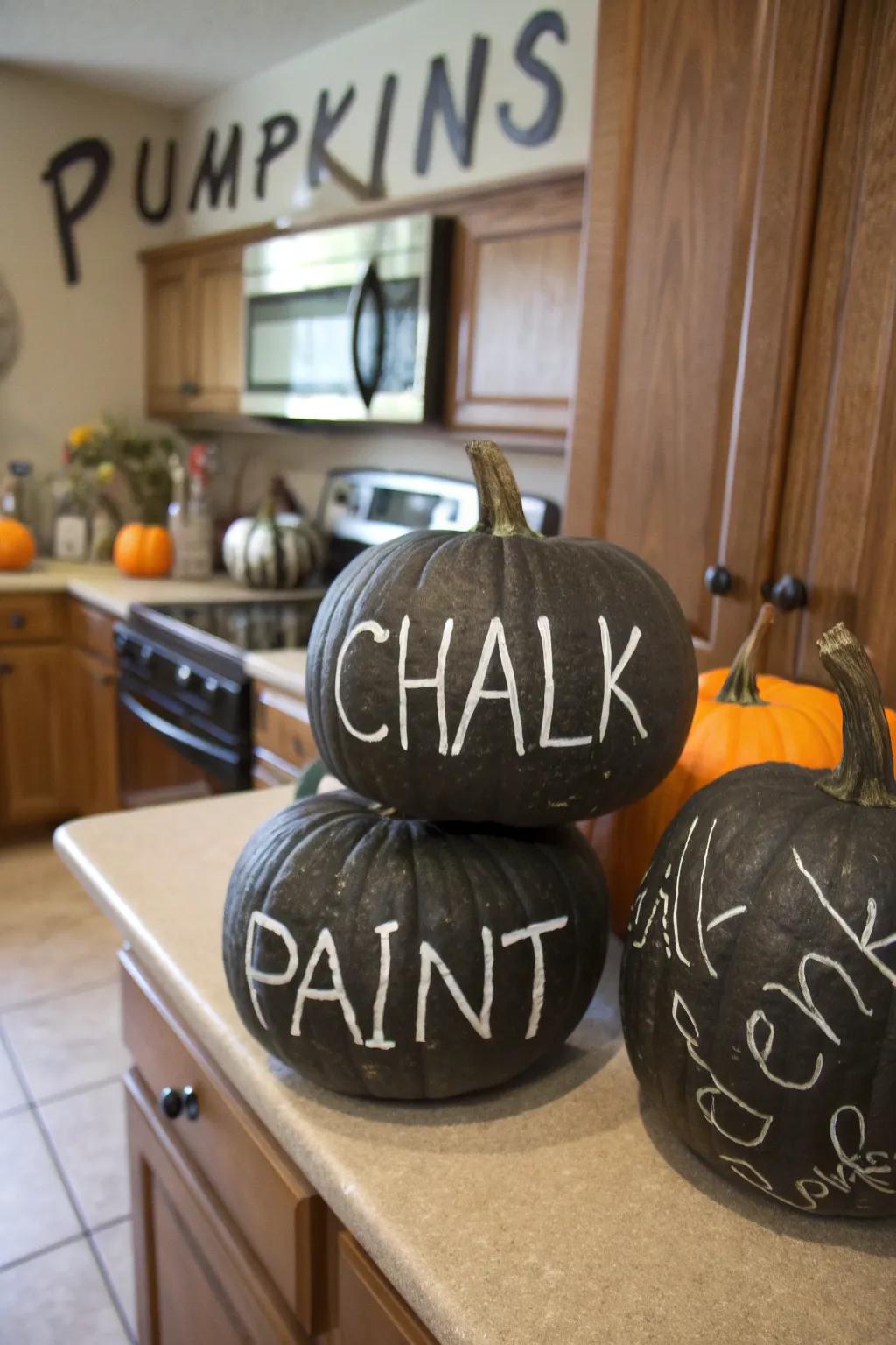Personalize your space using message chalkboard pumpkins.