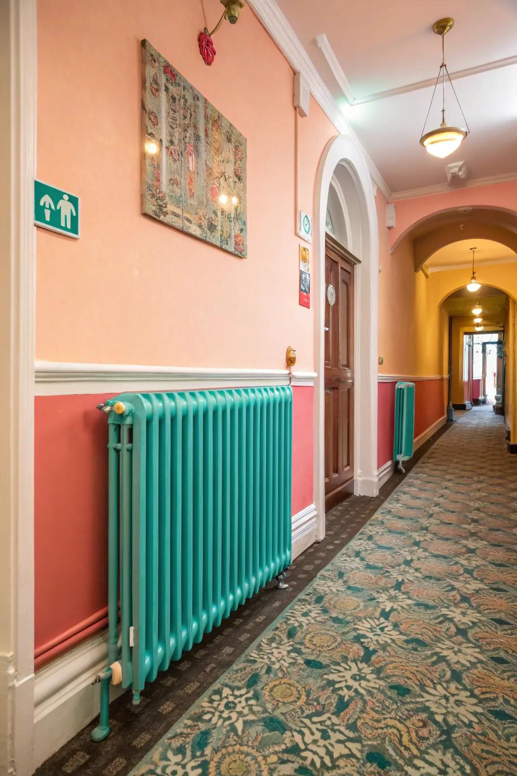 Turquoise radiators introduce a spatter of joy.