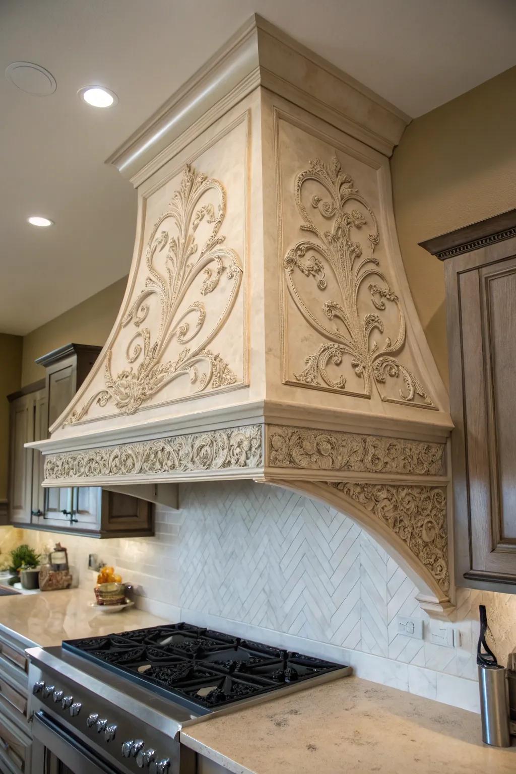 Artistic carvings add a unique touch to your range hood.
