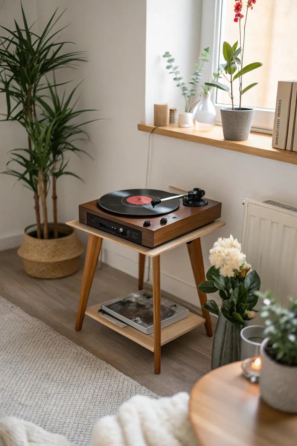 Zen-inspired simplicity in a record player setup.