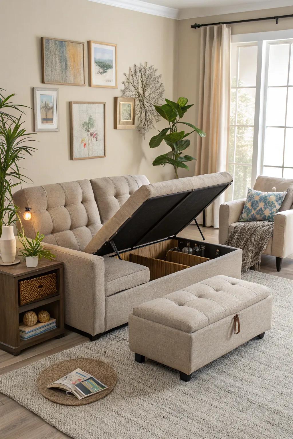 Dual-purpose furniture optimizes space and utility.