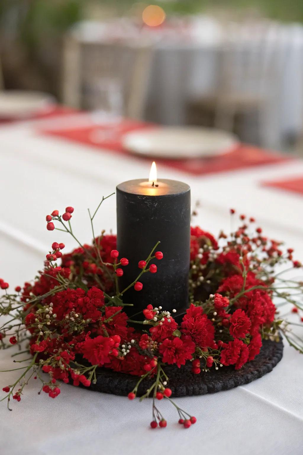 A single ebony flame surrounded by scarlet blooms for understated luxury.