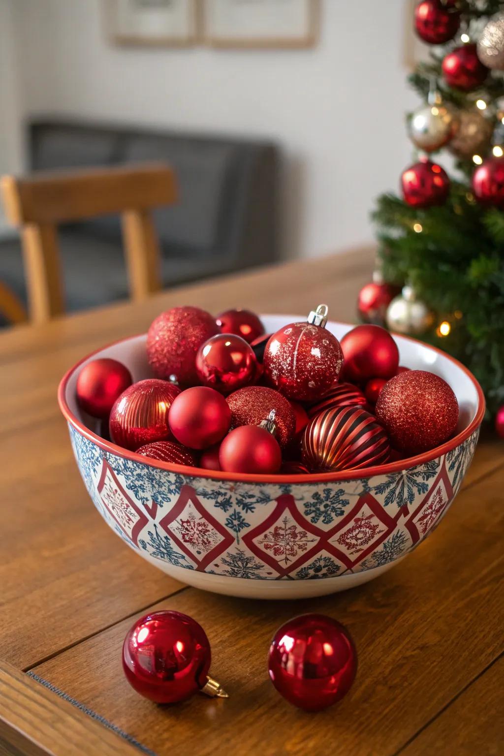 A unique display of red embellishments contributing festive charm.