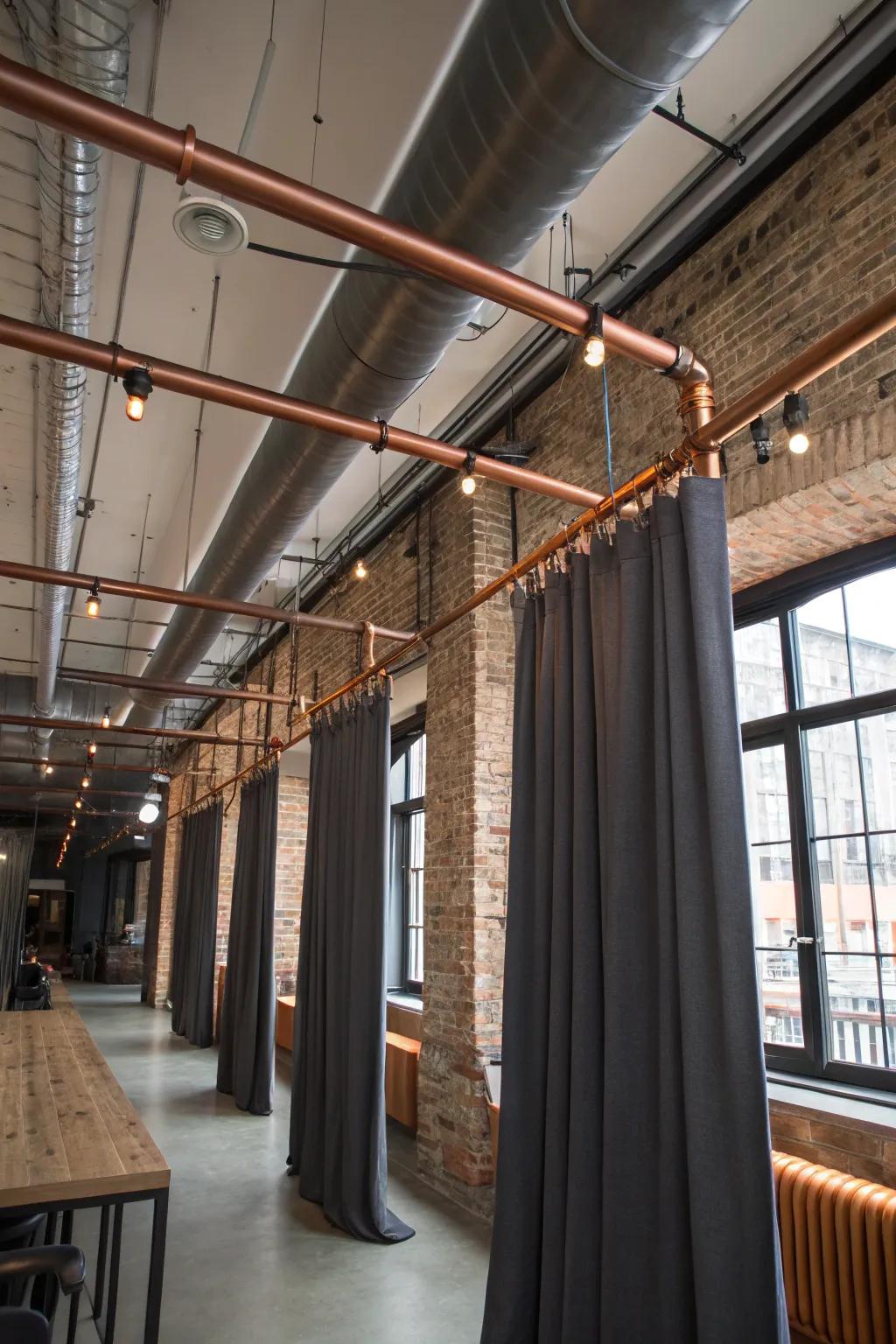 DIY metal pipes bring an industrial chic flair to curtain setups.