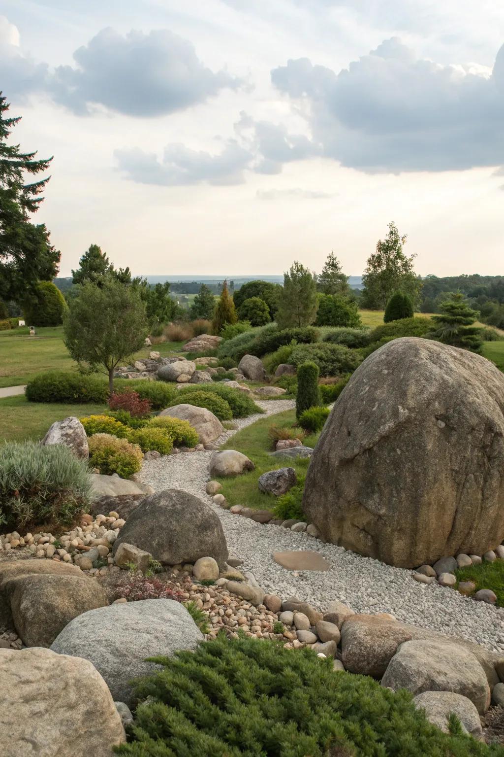 Large rocks make striking focal points in a rock garden.